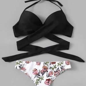Black and Floral Wrap Bikini